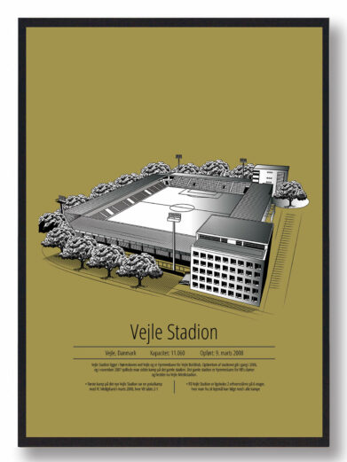 Fodbold plakat med Vejle stadion. Denne fodbold plakat med Vejle er i flot stilren gul baggrund