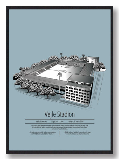 Fodbold plakat med Vejle stadion. Denne fodbold plakat med Vejle er i flot stilren lyseblå baggrund