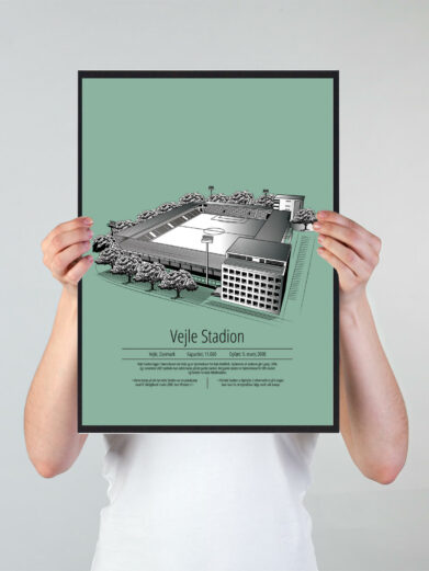 Fodbold plakat med Vejle stadion. Denne fodbold plakat med Vejle er i flot stilren grøn baggrund