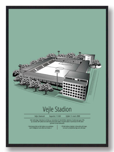 Fodbold plakat med Vejle stadion. Denne fodbold plakat med Vejle er i flot stilren grøn baggrund