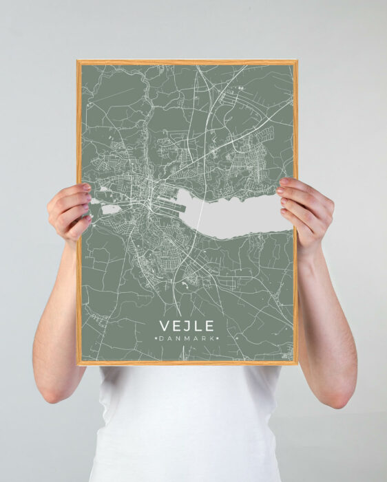 Vejle by plakat med grøn baggrund. Vejle byplakaten viser Vejle fra sin smukkeste side