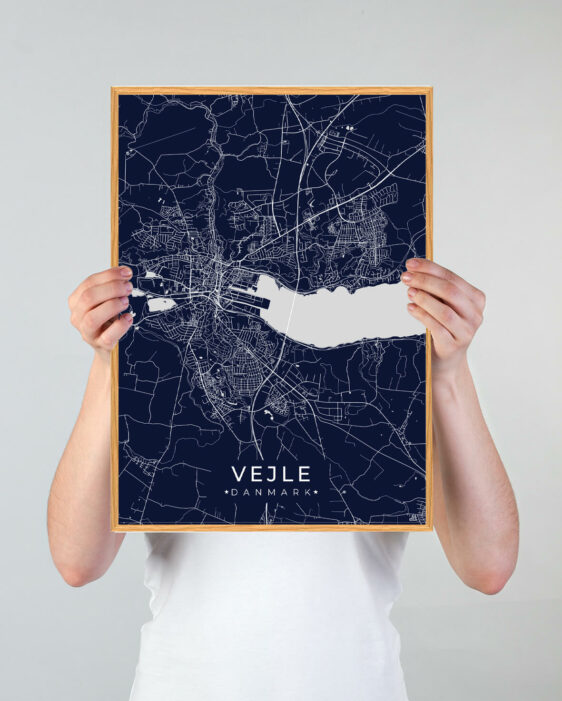 Vejle by plakat med mørkeblå baggrund. Vejle byplakaten viser Vejle fra sin smukkeste side