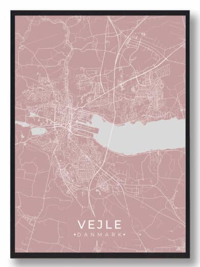 Vejle plakat i rosa: stilfuldt bykort over Vejle, Danmark. Detaljeret med hvide linjer og en elegant ramme. Perfekt vægkunst.