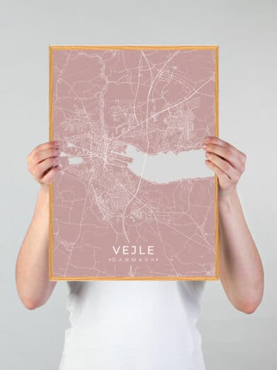 Vejle plakat i rosa: Bykort med fine, hvide linjer på rosa baggrund. Moderne design til dit hjem. Vejle, Danmark.