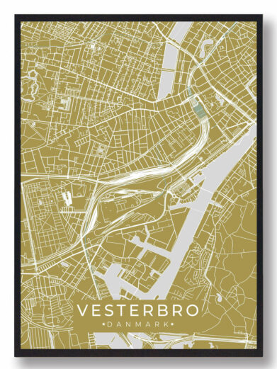 Vesterbro byplakat i stilrent design. Denne Vesterbro byplakat er med gul baggrund og viser Vesterbro fra sin smukkeste side