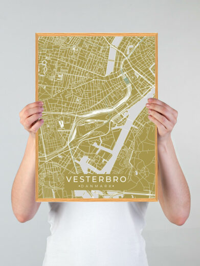 Vesterbro by plakat med gul baggrund. Vesterbro byplakaten viser Vesterbro fra sin smukkeste side