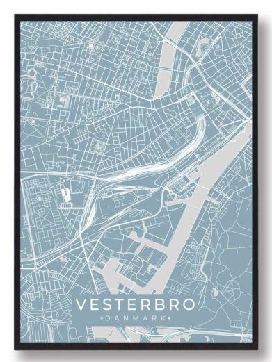 Vesterbro byplakat i stilrent design. Denne Vesterbro byplakat er med lyseblå baggrund og viser Vesterbro fra sin smukkeste side