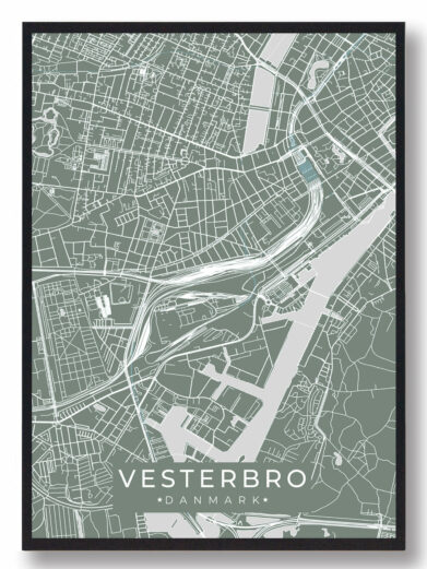 Vesterbro byplakat i stilrent design. Denne Vesterbro byplakat er med grøn baggrund og viser Vesterbro fra sin smukkeste side