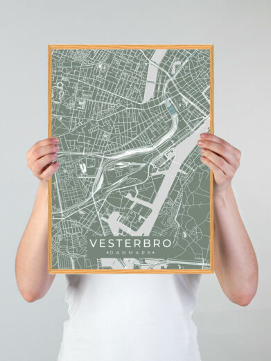 Vesterbro by plakat med grøn baggrund. Vesterbro byplakaten viser Vesterbro fra sin smukkeste side