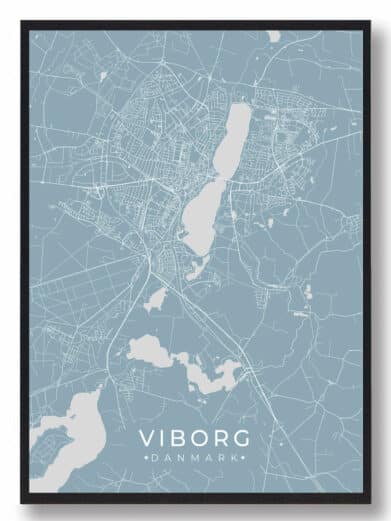 Lyseblå Viborg plakat med bykort. Minimalistisk design, perfekt til stuen. Fås nu på tilbud!