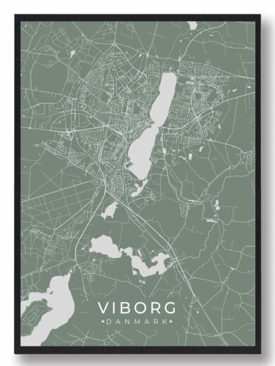 Viborg grøn by plakat. Mintgrøn baggrund med hvide vejdetaljer og søer. Stilfuldt bykort, perfekt til væggen.