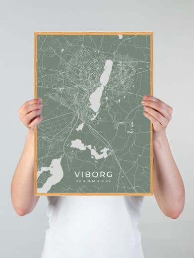 Mintgrøn Viborg plakat. Detaljeret bykort med søer og veje i en lys træramme. Moderne design til stuen.
