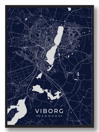 Mørkeblå Viborg plakat. Minimalistisk bykort med hvide linjer, der viser gader og søer. Stilfuld vægkunst for Viborg-elskere.