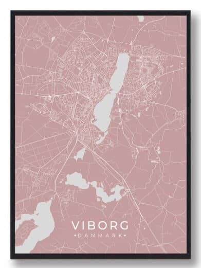 Viborg plakat i rosa. Bykort med søer, veje og gader. Stilfuldt design, perfekt til hjemmet. Fås nu på tilbud!