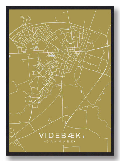 Videbæk byplakat i stilrent design. Denne Videbæk byplakat er med gul baggrund og viser Videbæk fra sin smukkeste side