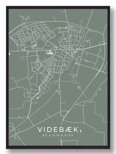 Videbæk byplakat i stilrent design. Denne Videbæk byplakat er med grøn baggrund og viser Videbæk fra sin smukkeste side