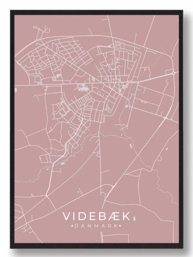 Videbæk byplakat i stilrent design. Denne Videbæk byplakat er med rosa baggrund og viser Videbæk fra sin smukkeste side