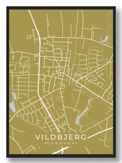 Vildbjerg plakat i karrygul. Minimalistisk bykort med hvide linjer og sort ramme. Perfekt grøn dekoration til dit hjem.