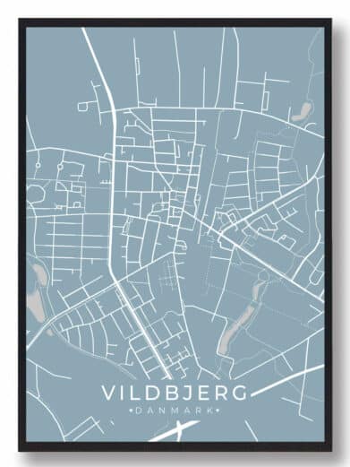Lyseblå Vildbjerg plakat. Minimalistisk bykort design med hvide veje. Perfekt som grøn vægkunst til hjemmet.