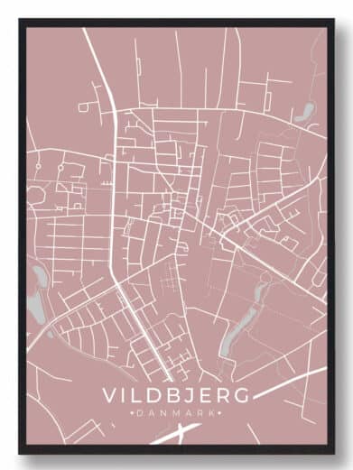 Vildbjerg plakat i rosa: Detaljeret bykort med hvide linjer på rosa baggrund. Minimalistisk og stilfuld vægkunst.