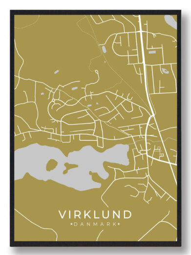 Virkelund byplakat i stilrent design. Denne Virkelund byplakat er med gul baggrund og viser Virkelund fra sin smukkeste side