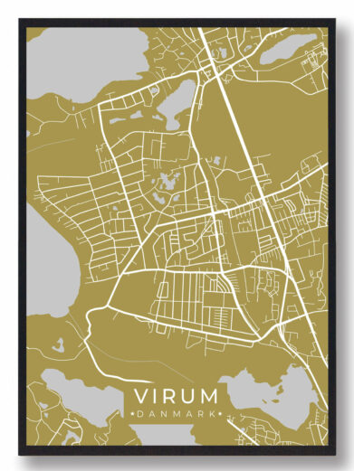 Virum byplakat i stilrent design. Denne Virum byplakat er med gul baggrund og viser Virum fra sin smukkeste side