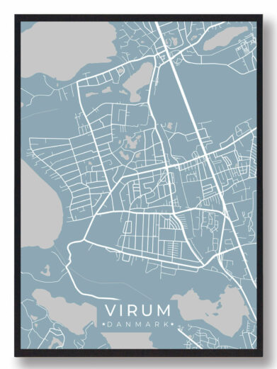 Virum byplakat i stilrent design. Denne Virum byplakat er med lyseblå baggrund og viser Virum fra sin smukkeste side
