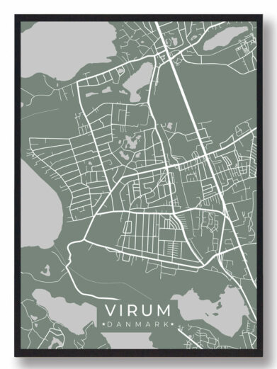 Virum byplakat i stilrent design. Denne Virum byplakat er med grøn baggrund og viser Virum fra sin smukkeste side
