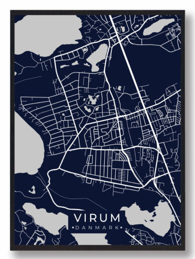 Virum byplakat i stilrent design. Denne Virum byplakat er med mørkeblå baggrund og viser Virum fra sin smukkeste side