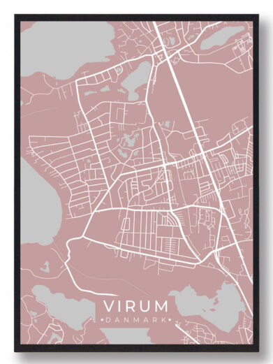 Virum byplakat i stilrent design. Denne Virum byplakat er med rosa baggrund og viser Virum fra sin smukkeste side