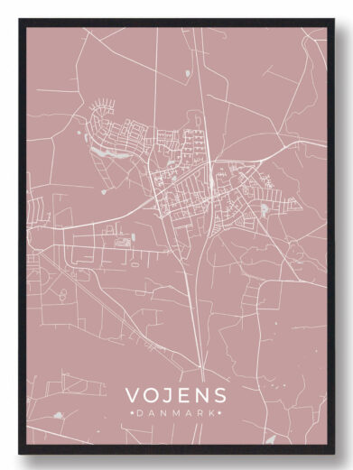 Vojens byplakat i stilrent design. Denne Vojens byplakat er med rosa baggrund og viser Vojens fra sin smukkeste side