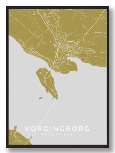 Vordingborg byplakat i stilrent design. Denne Vordingborg byplakat er med gul baggrund og viser Vordingborg fra sin smukkeste side