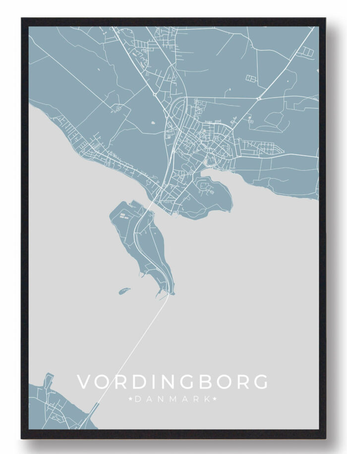 Vordingborg byplakat i stilrent design. Denne Vordingborg byplakat er med lyseblå baggrund og viser Vordingborg fra sin smukkeste side