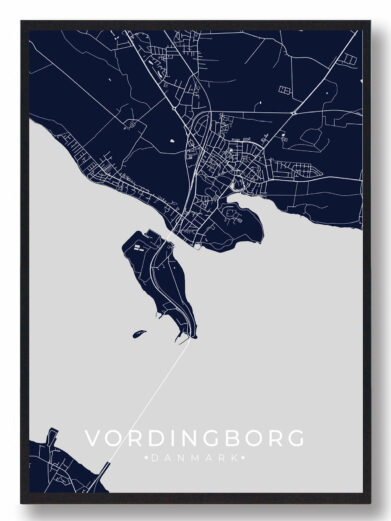 Vordingborg byplakat i stilrent design. Denne Vordingborg byplakat er med mørkeblå baggrund og viser Vordingborg fra sin smukkeste side