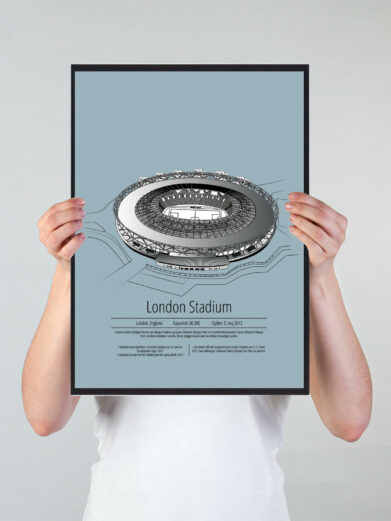 Fodbold plakat med West Ham stadion. Denne fodbold plakat med West Ham er i flot stilren lyseblå baggrund