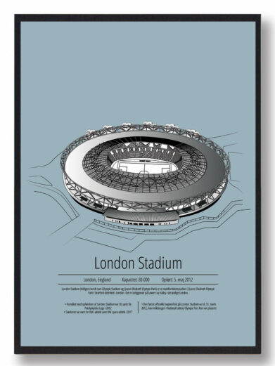 Fodbold plakat med West Ham stadion. Denne fodbold plakat med West Ham er i flot stilren lyseblå baggrund
