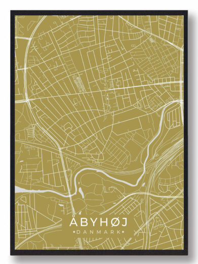 Åbyhøj byplakat i stilrent design. Denne Åbyhøj byplakat er med gul baggrund og viser Åbyhøj fra sin smukkeste side