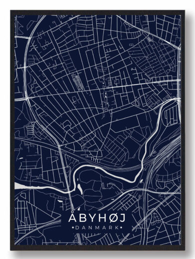 Åbyhøj byplakat i stilrent design. Denne Åbyhøj byplakat er med mørkeblå baggrund og viser Åbyhøj fra sin smukkeste side