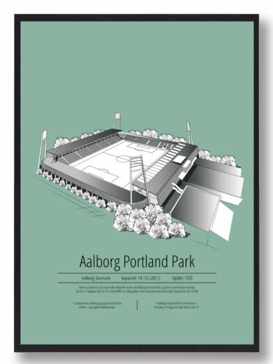 Fodbold plakat med Aalborg AaB stadion. Denne fodbold plakat med Aalborg AaB park er i flot stilren grøn baggrund