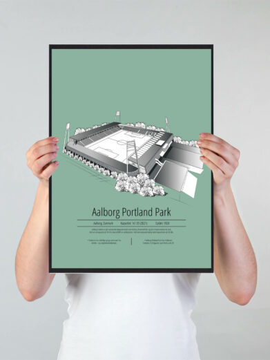 Fodbold plakat med Aalborg AaB stadion. Denne fodbold plakat med Aalborg AaB park er i flot stilren grøn baggrund