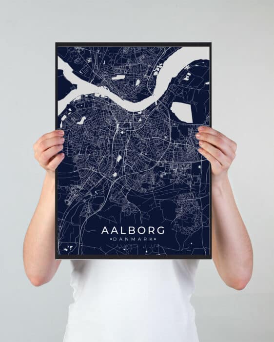 Aalborg plakat in deep blue with detailed white map lines, held by hands. Minimalist style city map of Aalborg, Denmark.