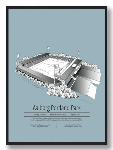Fodbold plakat med Aalborg AaB stadion. Denne fodbold plakat med Aalborg AaB park er i flot stilren lyseblå baggrund