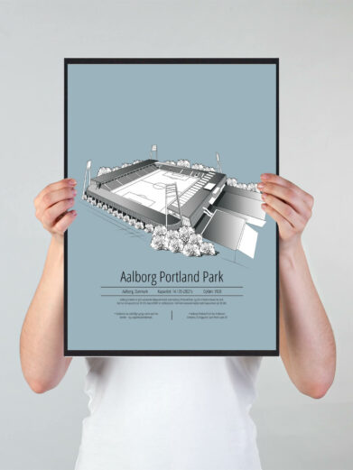 Fodbold plakat med Aalborg AaB stadion. Denne fodbold plakat med Aalborg AaB park er i flot stilren lyseblå baggrund