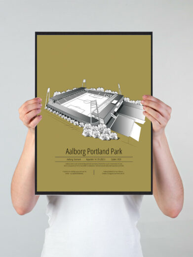 Fodbold plakat med Aalborg AaB stadion. Denne fodbold plakat med Aalborg AaB park er i flot stilren gul baggrund