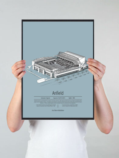 Fodbold plakat med Liverpool stadion. Denne fodbold plakat med Liverpool er i flot stilren lyseblå baggrund
