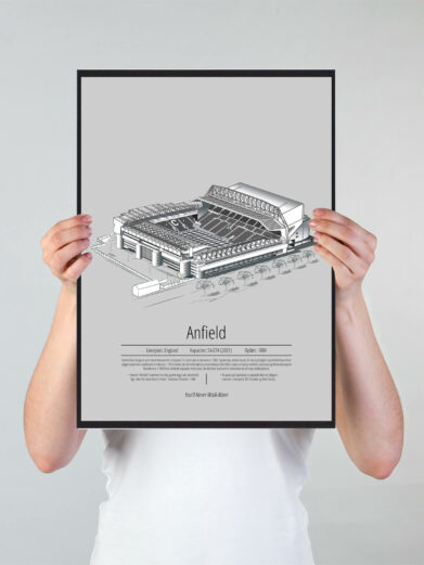 Fodbold plakat med Liverpool stadion. Denne fodbold plakat med Liverpool er i flot stilren grå baggrund