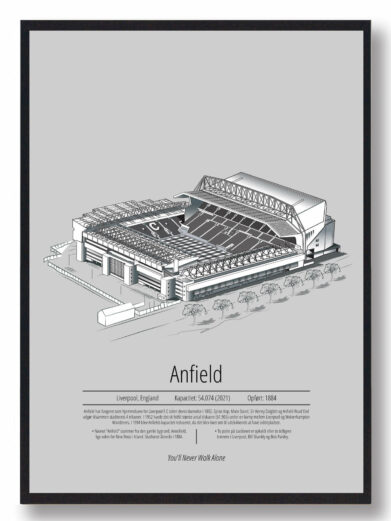 Fodbold plakat med Liverpool stadion. Denne fodbold plakat med Liverpool er i flot stilren grå baggrund