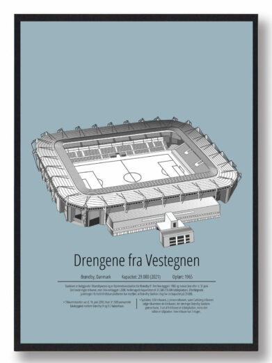 Fodbold plakat med Brøndby IF stadion. Denne fodbold plakat med Brøndby IF park er i flot stilren lyseblå baggrund