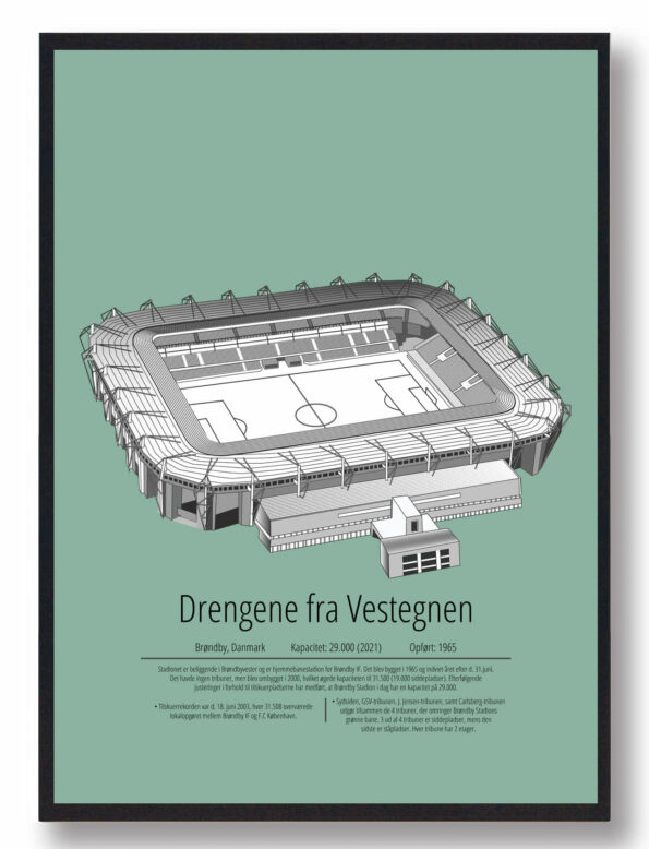 Fodbold plakat med Brøndby IF stadion. Denne fodbold plakat med Brøndby IF park er i flot stilren grøn baggrund