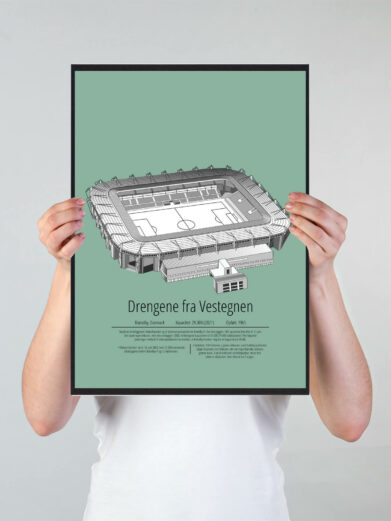 Fodbold plakat med Brøndby IF stadion. Denne fodbold plakat med Brøndby IF park er i flot stilren grøn baggrund